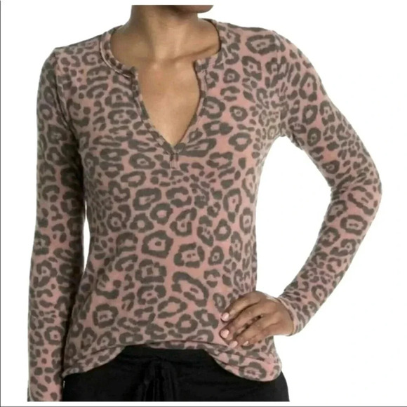 Leopard Print Thermal Long Sleeve Top Notch Neck Soft Stretchy Loungewear M - Picture 1 of 5